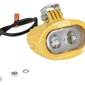 A yellow, oval LED work light with dual lenses and a Vestil Lift Truck Safety Light Blue LED. It features a top mounting bracket and attached black/red wires for easy installation with a bolt, nut, and washer included.