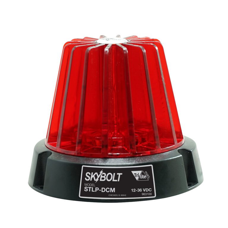 The Vestil Light is a red Skybolt safety beacon by Tri Lite, model STLP-DCM, featuring a 4 round black magnetic base and versatile voltage of 12-36 VDC.
