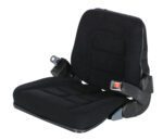 The Vestil Industrial Forklift Cloth Seat-Seat Belt features a plush cushion and reclined backrest for ergonomic comfort, with a seatbelt buckle on the right and a latch on the left for added safety and style.