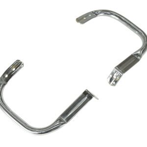 Two shiny metal pipes with flanges, resembling the design precision of the Vestil Truck Seat Option - Hip Restraints, are parallel against a plain white backdrop. Each features a curved end and a rectangular mounting plate with screw holes.