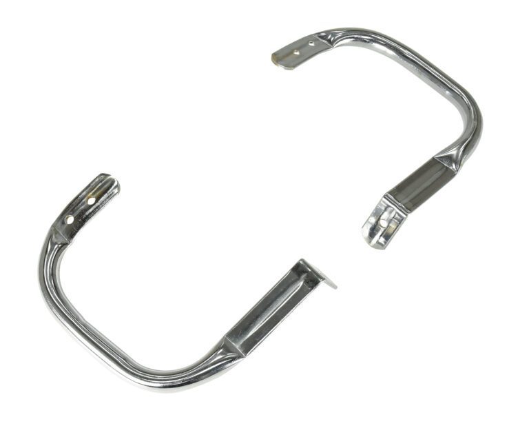 Two shiny metal pipes with flanges, resembling the design precision of the Vestil Truck Seat Option - Hip Restraints, are parallel against a plain white backdrop. Each features a curved end and a rectangular mounting plate with screw holes.