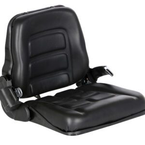 The Vestil Industrial Forklift Vinyl Seat-Seat Belt is a black, padded, foldable seat with a simple design. It has a cushioned backrest and seat with side hinges for adjustability or portability and includes a secure seat belt for added safety.
