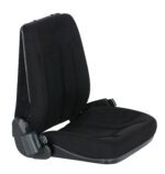 A black Vestil Deluxe Forklift Cloth Seat W/Seat Belt is shown, featuring a high backrest and seatbelt attachments. The fabric-upholstered seat is slightly angled to showcase the cushion and backrest.