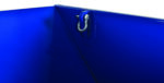 Close-up of a blue metal container corner with a silver hook near the top edge, resembling lifting lugs similar to Vestil Hopper Optional Lifting Lugs. The container is empty, showing its smooth interior surfaces.