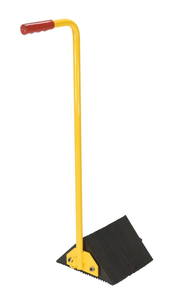 With its yellow metal body, red handle, and flat black wedge base, this tool mirrors the ergonomic design of a Vestil Laminated Rubber Wheel Chock Ergo Hndl—ideal for effortless wedging or lifting.