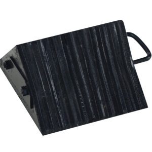 The Vestil Laminated Rubber Wheel Chock 9.5X10.125X5.5 has a black, ribbed design with a metal handle and triangular shape to prevent vehicle movement, offering a textured surface for firm grip on various surfaces.