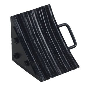 The Vestil Laminated Rubber Chock7-5/8Wx10-5/8Lx7-7/8H is a triangular black rubber wheel chock with a textured surface for grip and a handy side metal handle to prevent vehicle movement.