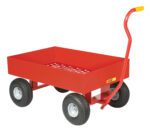 A red steel Little Giant Wagon Truck with four wheels, perforated base, and long handle with a yellow grip stands at an angle. Its sturdy frame and black rubber tires are reminiscent of classic utility carts.