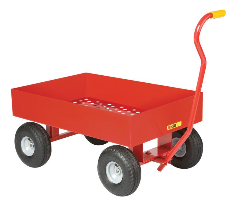 A red steel Little Giant Wagon Truck with four wheels, perforated base, and long handle with a yellow grip stands at an angle. Its sturdy frame and black rubber tires are reminiscent of classic utility carts.
