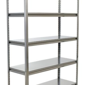 The Vestil Stainless Steel Shelving 18 X 48 In unit includes five adjustable shelves in a sleek silver design, ideal for organizing garages, offices, or storerooms with its sturdy and functional layout that meets various storage needs.