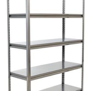 The Vestil Stainless Steel Shelving 24 x 48 inches features five adjustable tiers, a sturdy, rectangular frame, and an industrial design. Its empty shelves are evenly spaced for effective storage and organization, making it ideal for any space.