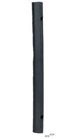 A tall, cylindrical black rubber post with a smooth texture stands against a white backdrop, featuring two evenly spaced holes along its length. Near the base are two small, flat washers. It resembles the design and functionality of the Vestil Extruded Rubber Fender Bumper 24X2X1.75.