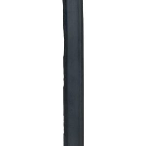 A tall, cylindrical black rubber post with a smooth texture stands against a white backdrop, featuring two evenly spaced holes along its length. Near the base are two small, flat washers. It resembles the design and functionality of the Vestil Extruded Rubber Fender Bumper 24X2X1.75.