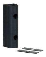 A black L-shaped rubber doorstop with two circular holes is paired with two flat rectangular metal brackets featuring oval cutouts, similar in design to the sturdy Vestil Extruded Rubber Fender Bumper 12X4.25X4, set against a white background.