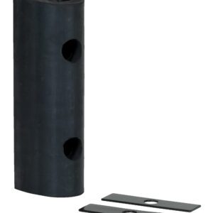 A black L-shaped rubber doorstop with two circular holes is paired with two flat rectangular metal brackets featuring oval cutouts, similar in design to the sturdy Vestil Extruded Rubber Fender Bumper 12X4.25X4, set against a white background.