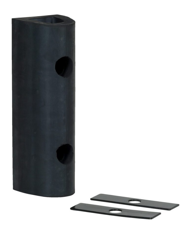A black L-shaped rubber doorstop with two circular holes is paired with two flat rectangular metal brackets featuring oval cutouts, similar in design to the sturdy Vestil Extruded Rubber Fender Bumper 12X4.25X4, set against a white background.