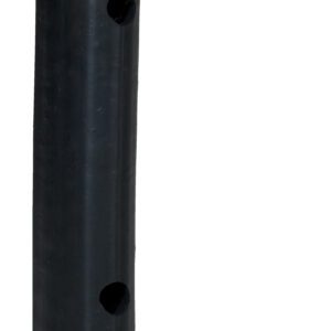 The Vestil Extruded Rubber Fender Bumper 18X4.25X4 is a black cylindrical rubber bumper with two vertically aligned circular holes, accompanied by two flat rectangular metal mounting plates with central holes, all set on a crisp white background.