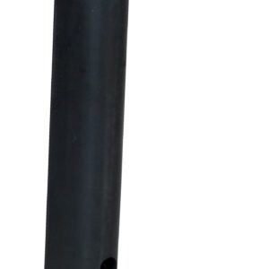A sturdy black rubber cylinder with two side holes stands upright alongside two flat metal strips with central holes against a white background, showcasing the durable Vestil Extruded Rubber Fender Bumper 24X4.25X4 for extensive protection solutions.