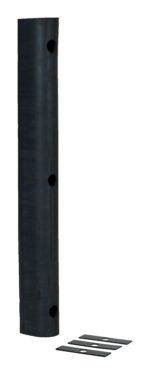 A tall, black cylindrical object with three visible holes stands vertically on the left, like a Vestil Extruded Rubber Fender Bumper 36X4.25X4, beside four flat, rectangular metal pieces laid horizontally to the right against a plain white background.