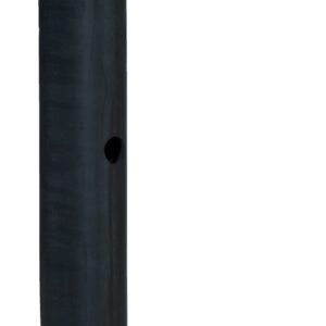 A tall, black cylindrical object with three visible holes stands vertically on the left, like a Vestil Extruded Rubber Fender Bumper 36X4.25X4, beside four flat, rectangular metal pieces laid horizontally to the right against a plain white background.