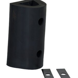 The Vestil Extruded Rubber Fender Bumper 12 X 6 X 6 is tall and triangular with two circular holes, displayed alongside two smaller black rectangular plates on a pristine white background.