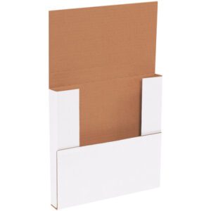 A white, partially open cardboard folder with a brown interior, similar to MH-USA Easy-Fold Mailers. It has a flat rectangular shape with side wings and an unfolded top flap. The bottom half folds inward to create a pocket for documents.