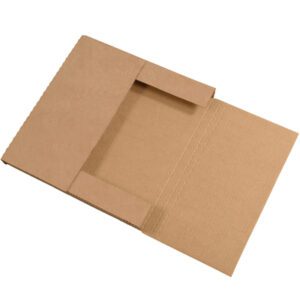 The 10 1/4 x 10 1/4 x 1 Kraft Easy-Fold Mailers (50/Bundle) feature two rectangular flaps that open to a central pocket, perfect for securely mailing thin items with durable, light brown cardboard and visible grooves for added protection.
