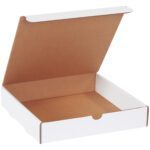 The MH-USA 10 x 10 x 2 white literature mailer is depicted empty from the front with its lid partially open, revealing a spacious interior and featuring a clean white exterior and brown interior.