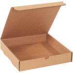 An open, empty box like the 10 x 10 x 2 Kraft Literature Mailers (50/Bundle), crafted from plain brown material, is depicted with its lid slightly ajar, sparking curiosity about its former contents.