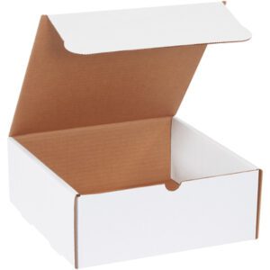 The MH-USA 10 x 10 x 4 White Literature Mailers feature a brown corrugated interior and a slightly raised lid, revealing an empty square space. These mailers are sold in bundles of 50, ideal for packaging needs.