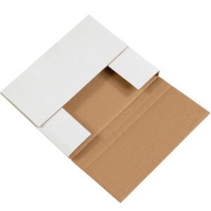 The MH-USA 10 1/4 x 8 1/4 x 1 1/4 White Easy-Fold Mailers feature a white exterior and brown interior, lying open with flaps extended to highlight their design—perfect for efficient packaging. Available in bundles of fifty.