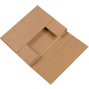 The 10 1/4 x 8 1/4 x 1 1/4 Kraft Easy-Fold Mailer (50/Bundle) lies open on a flat surface, displaying its internal flaps and compartments for documents.