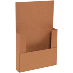 A brown cardboard literature holder, with a perfect fit for 11 3/4 x 10 1/2 x 2 1/4 Kraft Easy-Fold Mailers, includes an upright back and spacious pocket for documents. Its sturdy construction is ideal for organizing or displaying papers efficiently.