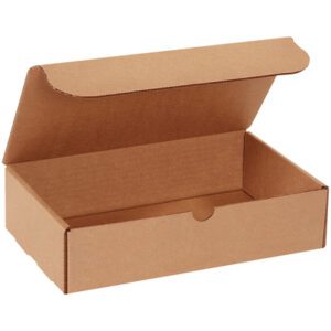 The 11 x 6 1/2 x 2 3/4 Kraft Literature Mailer has a simple rectangular shape, a lid with a semi-circular cutout for easy opening, and is ideal for securely mailing your documents.