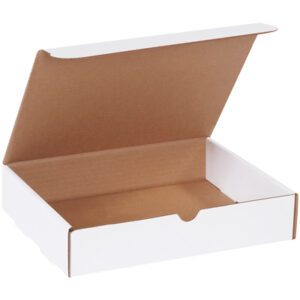 The open white cardboard box, showcasing a brown interior and simple tab closure, perfectly represents the MH-USA 11 1/8 x 8 3/4 x 2 5/16 White Literature Mailers (50/Bundle) against a plain backdrop.