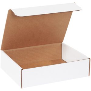 The MH-USA 11 1/8 x 8 3/4 x 3 White Literature Mailers (50/Bundle) are plain cardboard boxes with a white exterior and brown interior, featuring a partially open lid ideal for packaging or storing items.