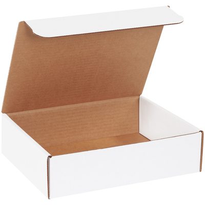 M1183.jpg The MH-USA 11 1/8 x 8 3/4 x 3 White Literature Mailers (50/Bundle) are plain cardboard boxes with a white exterior and brown interior, featuring a partially open lid ideal for packaging or storing items.