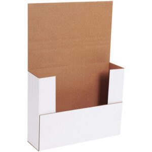 The MH-USA 11 x 8 1/2 x 3 White Easy-Fold Mailers (50/Bundle) have a smart design perfect for showcasing brochures or flyers, featuring an open top and front with a tall rectangular back for optimal support.