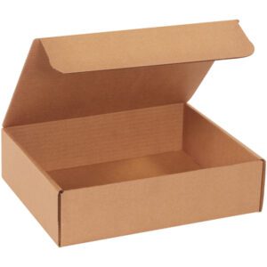 The 11 1/8 x 8 3/4 x 3 Kraft Literature Mailer has a brown cardboard finish with an open hinged lid revealing its empty interior, ideal for packaging or storage. Sold in bundles of 50.