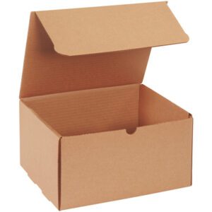 A 11 1/8 x 8 3/4 x 6 Kraft Literature Mailer is displayed against a plain white background with its lid partially open, revealing an empty interior—perfect for securely shipping items.