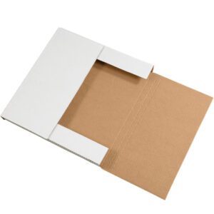 The MH-USA 12 1/2 x 12 1/2 x 1 White Easy-Fold Mailers feature a flat, open cardboard design with a brown interior and white exterior. The rectangular shape and secure flap ensure safe closure, with each pack containing 50 mailers.