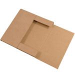 A flat, open 12 1/2 x 12 1/2 x 1 Kraft Easy-Fold Mailer sits on a white background, featuring three flaps—one long and one short visible—and a rectangular base. This mailer is ready to be packed or folded for shipment and comes in bundles of 50.