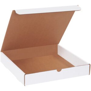 An empty, open white pizza box with a brown interior looks like the MH-USA 12 x 12 x 2 White Literature Mailers (50/Bundle); its propped lid reveals an unfolded flap against a plain white backdrop.
