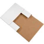 An open MH-USA 12 1/2 x 12 1/2 x 2 White Easy-Fold Mailer with a crisp white exterior and brown interior, viewed at an angle. It has foldable flaps for secure closure and comes in convenient bundles of 50.