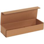 An open rectangular 12 x 4 x 2 Kraft Corrugated Mailer with a hinged lid is shown on a white background. The empty box features folding seams for versatile packaging, and comes in bundles of 50 for efficient shipping.