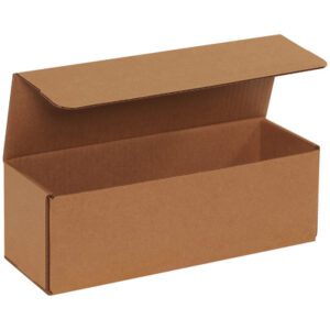 A 12 x 4 x 4 Kraft Corrugated Mailer stands open with its rectangular lid lifted to reveal an empty interior. Set against a plain white background, this sturdy box is available in bundles of 50, ideal for shipping or storage needs.