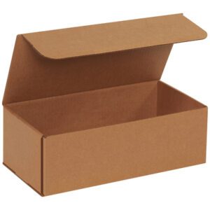An open brown cardboard box displays its empty interior, highlighting the practicality and neat design of the 12 x 6 x 4 Kraft Corrugated Mailers, sold in bundles of 50 for efficient packaging or storage.