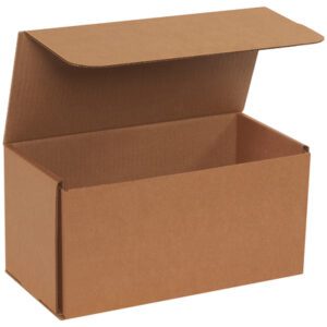 The 12 x 6 x 6 Kraft Corrugated Mailers, displayed against a white backdrop, feature a hinged lid and come in bundles of 50. They provide durable and reliable protection for all your shipping needs.
