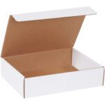 An open MH-USA white literature mailer reveals its brown interior, highlighting its versatility. The rectangular cardboard box, sized 12 1/8 x 9 1/4 x 3 inches, sits empty against a plain white background.