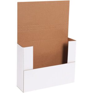 The MH-USA 12 x 9 x 3 White Easy-Fold Mailers (50/Bundle) feature an upright white cardboard box with a brown interior and extended flaps, offering a simple, functional design perfect for storage or shipping.